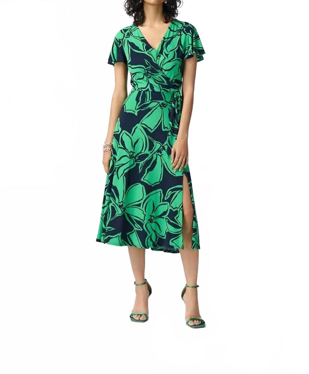 NEW JOSEPH RIBKOFF short sleeve v-neck midi dress in midnight green
